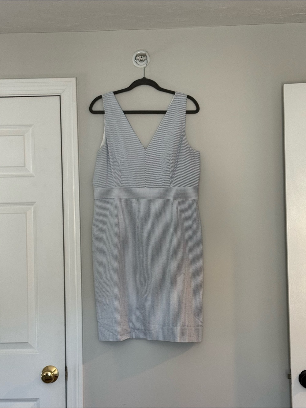 J. Crew Blue and White Pinstripe V-Neck Seer Sucker Midi Dress